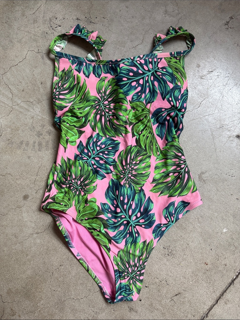 Size small  One-Piece Swimsuit with Green Leaf Print on Pink